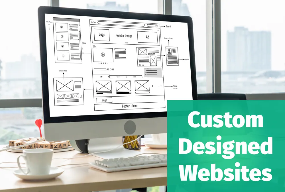 A computer with a custom designed website being designed on the screen. 
