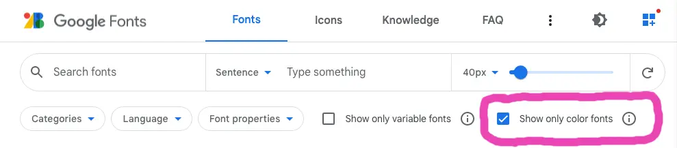 The new colour font filter available in Google Fonts, highlighted in pink