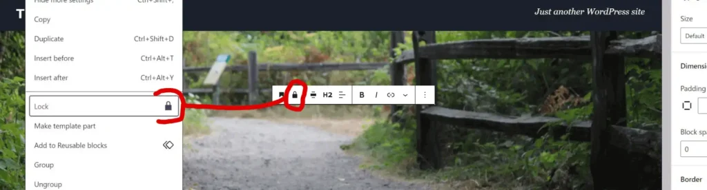 A screenshot demonstrating how to lock blocks and templates in the WordPress editor screen. 