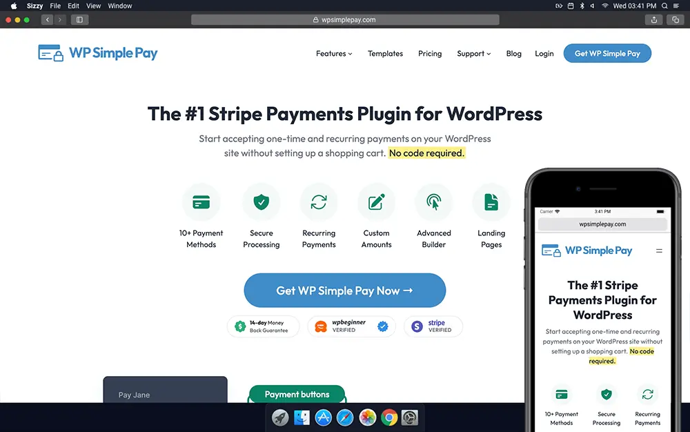 The website home page of the WP Simple Pay plugin. A service that allows you to accept payments online with WordPress.