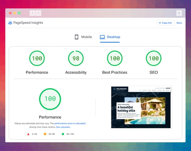 Holiday Villa Website performance stats for desktops