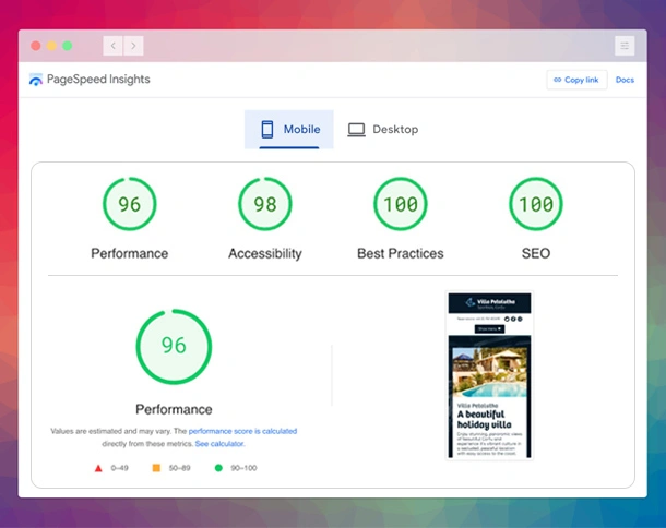 Holiday Villa Website performance stats for mobiles